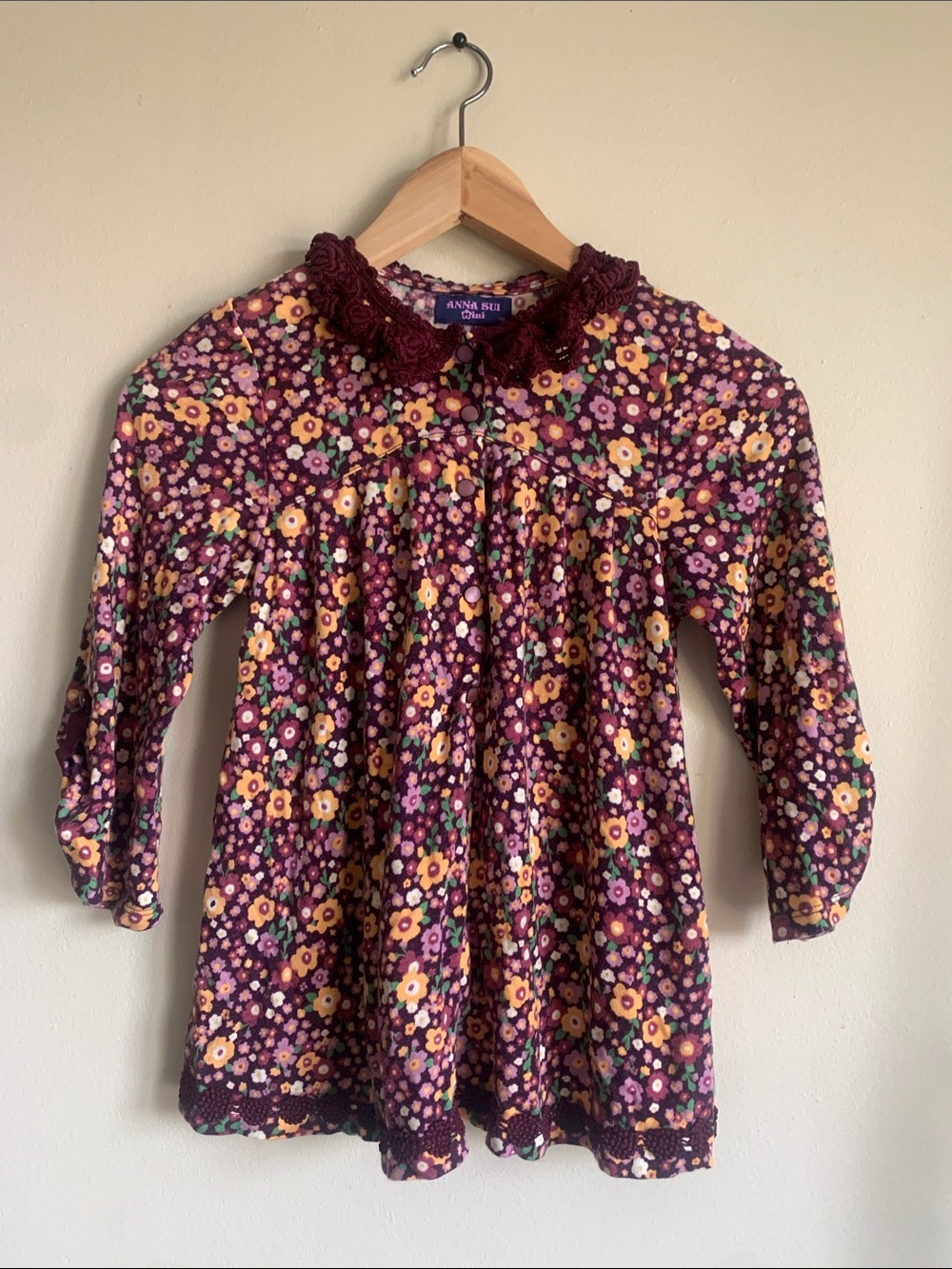 Anna Sui mini Purple Floral Lace-Collar Long Sleeve Top size 140